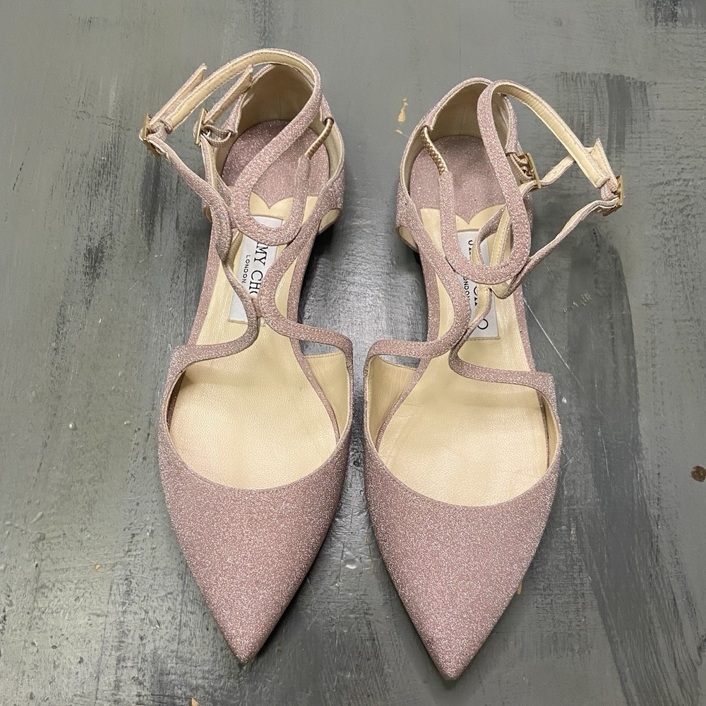 JIMMY CHOO Womens 38 Lancer Ballerina flat PinkGlitter Braided Strap Pointed Toe - Picture 5 of 9